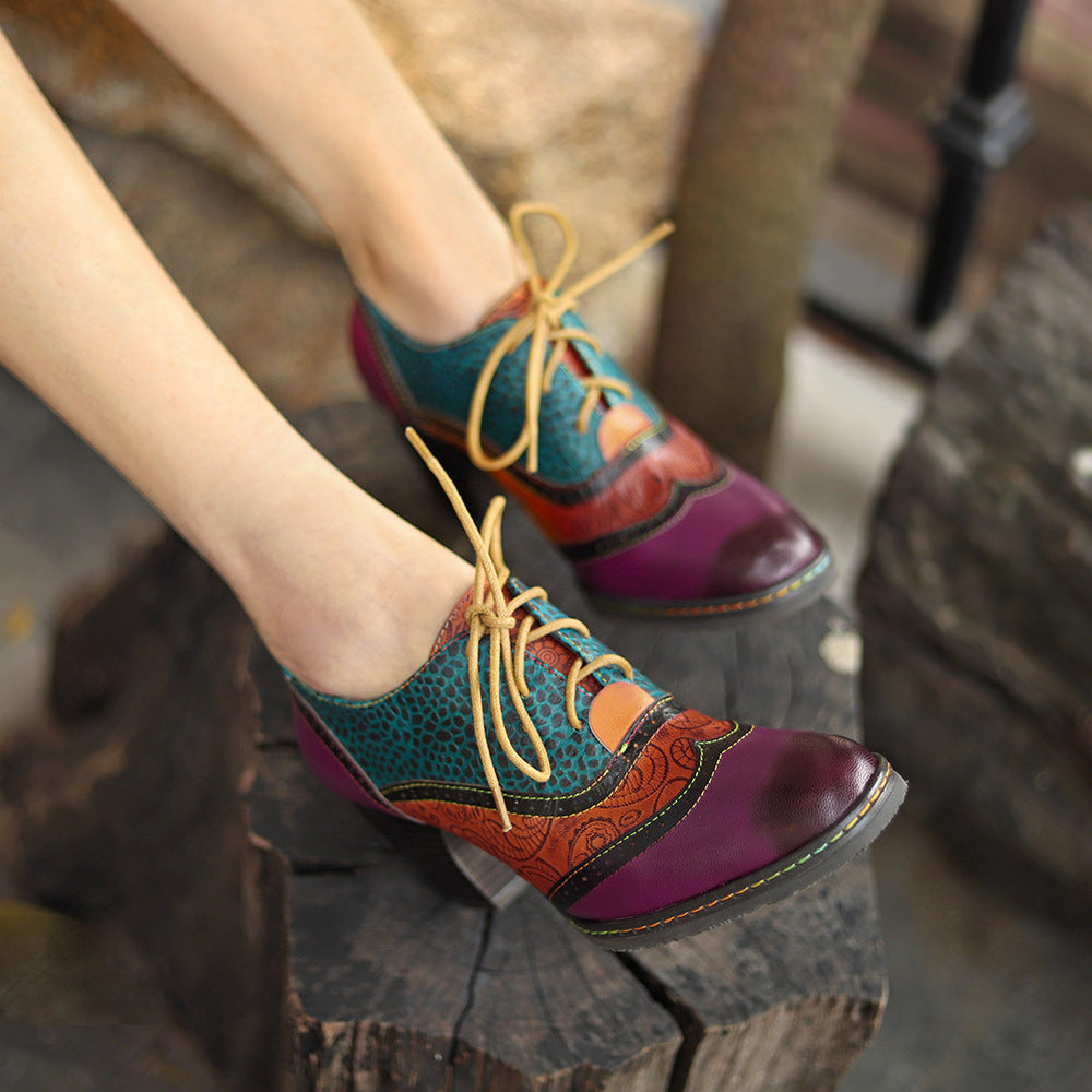 Women's Vintage Patchwork Sheepskin Oxford Pumps Square Toe Lace Up Chunky Heel Shoes