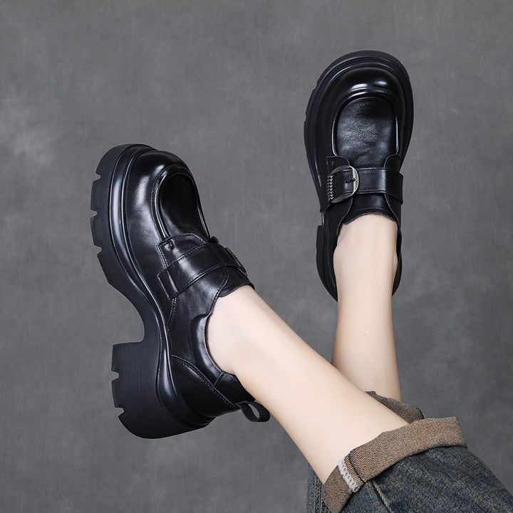 Women's Chunky Platform Monk Strap Loafers Top-Grain Leather Slip On High Heel Dress Shoes