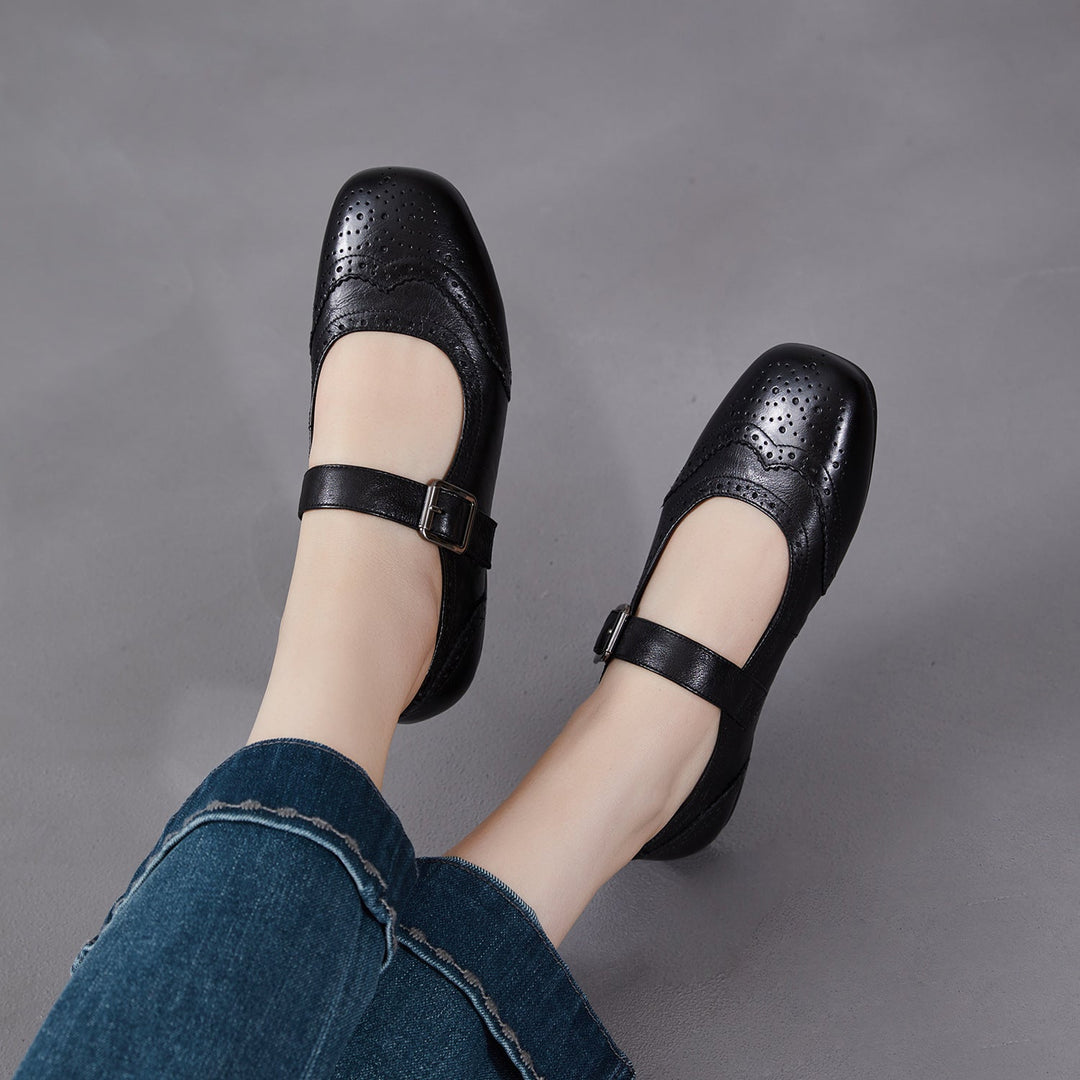 Women's Vintage British Style Leather Mary Janes - Hand-Punched Brogue Details - Soft Walking Shoes
