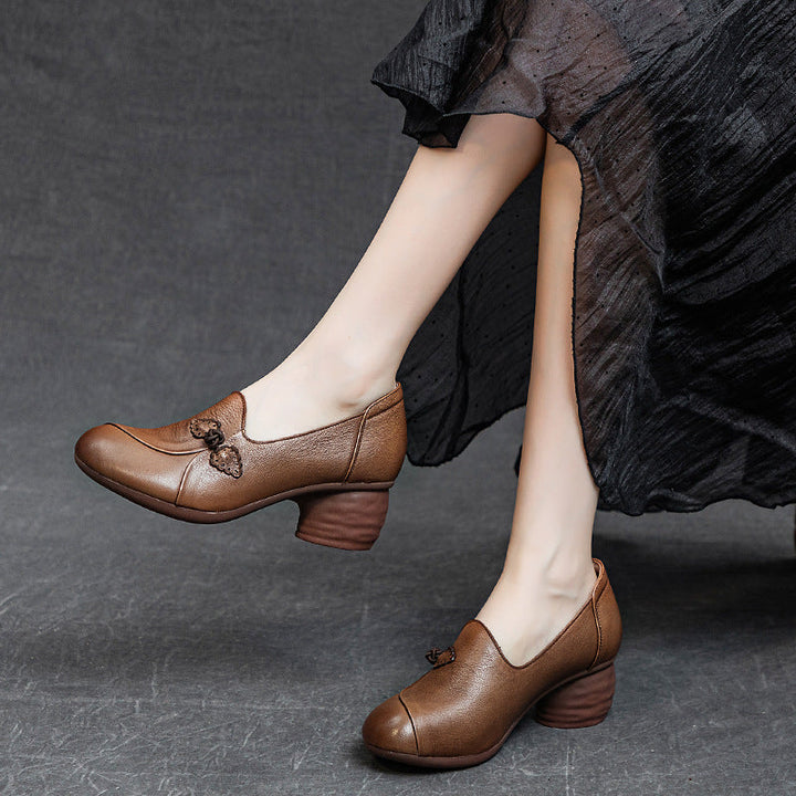 Women's Elegant Slip-On Mid Heels – Inspired by Chinese Frog Button Design