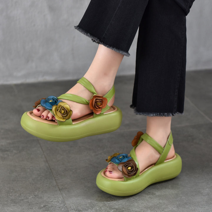 Women’s Floral Leather Summer Sandals – Lightweight Boho Style Platform Shoes