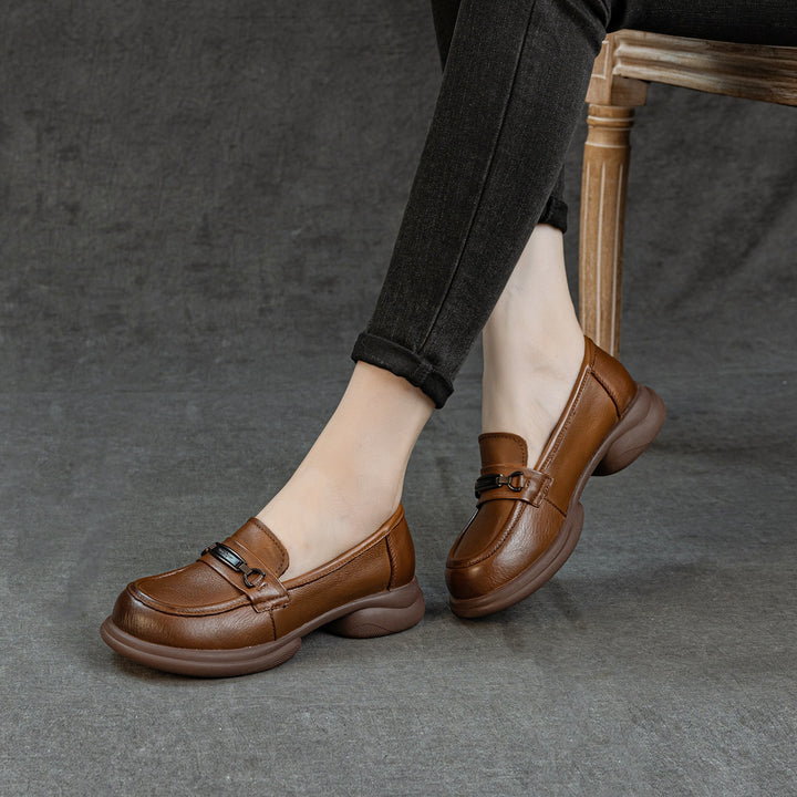 Women's Genuine Leather Loafers Round Toe Slip On Chunky Platform Shoes