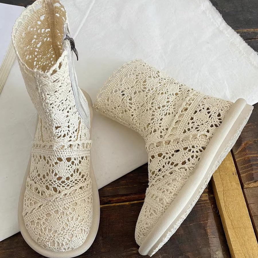 Women's Summer Literary Style Lace Side Zipper Wide Toe Box Short Boots