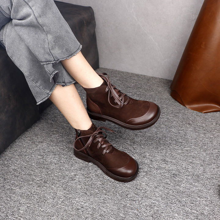 Women's Vintage Genuine Leather Ankle Boots Lace Up Side Zipper Flat Booties