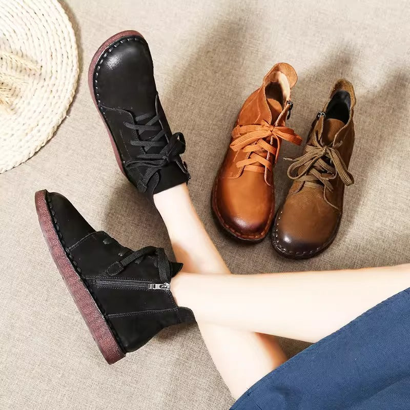 Womens Handmade Retro Leather Ankle Boots Autumn Zip Flat Shoes