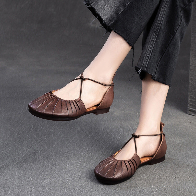 Women's Pleated Cowhide Flats - Summer Breathable Mary Janes - Elastic Cross-Strap