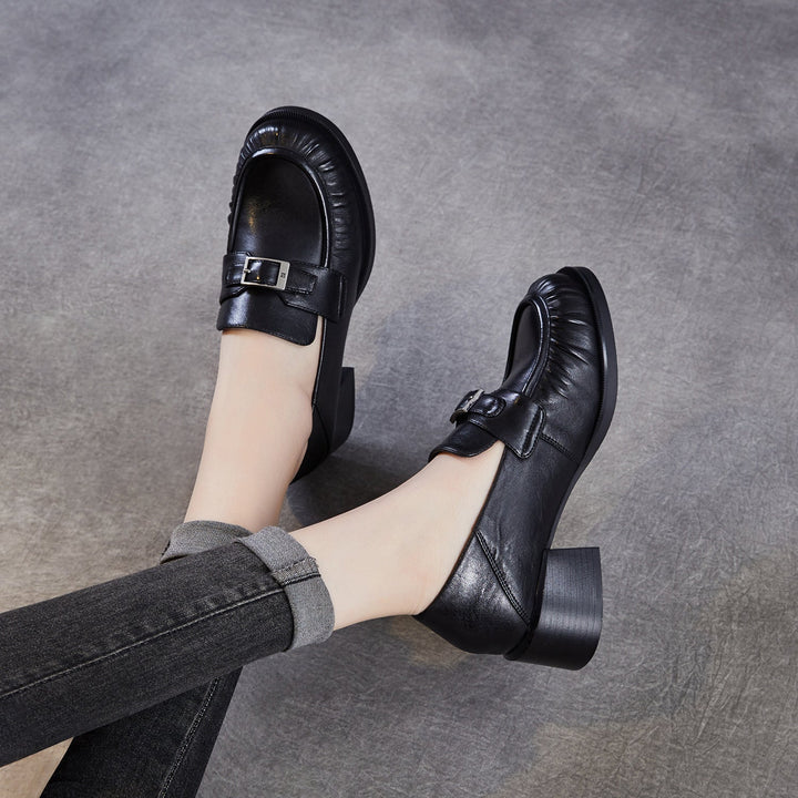 Women’s Sheepskin Leather Loafers – British Style Block Heel Mid Heel Shoes