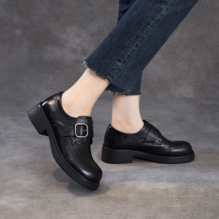 Women's Genuine Leather Chunky Platform Monk Strap Loafers Vintage Brogue Slip-on Shoes