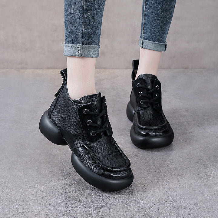 Women’s Soft Leather Lace-Up Ankle Boots – Thick Sole Casual Style