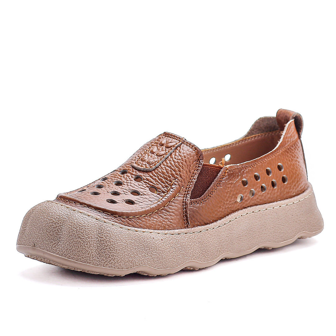 Women's Flats Vintage Hollow-Out Walking Shoes Leather Summer Loafers Retro Slip-On Platform Shoes