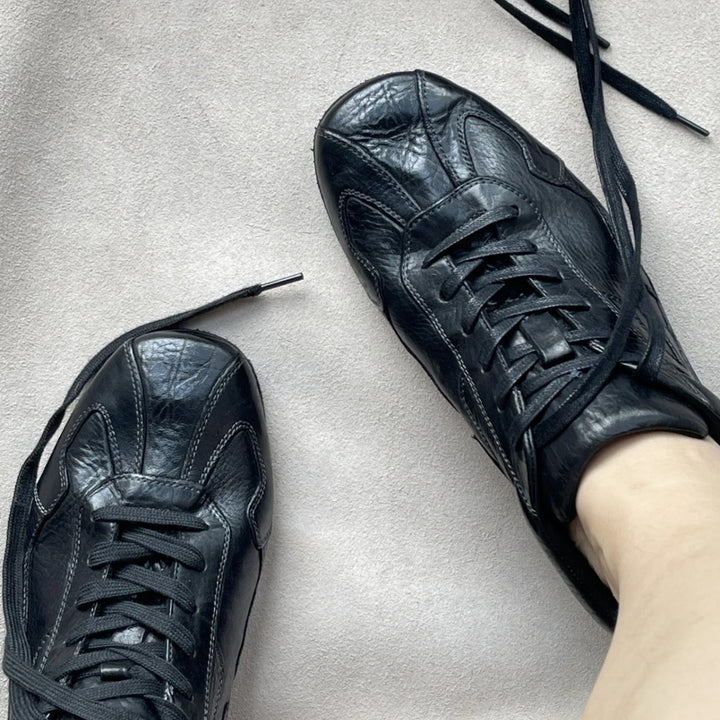 Women's Vintage Leather Sneakers - Soft Textured Casual Walking Shoes Lightweight Gym Trainers