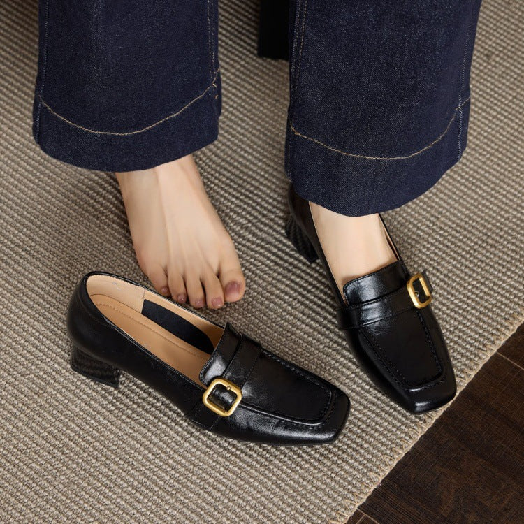 Women's Lambskin Square-Toe Slip-On Loafers with Metal Buckle — Office Shoes
