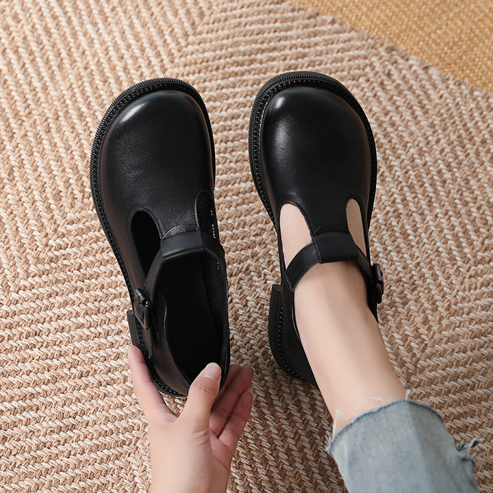 T-Buckle Wide Toe Box Leather Comfortable Low Heel Women's Shoes