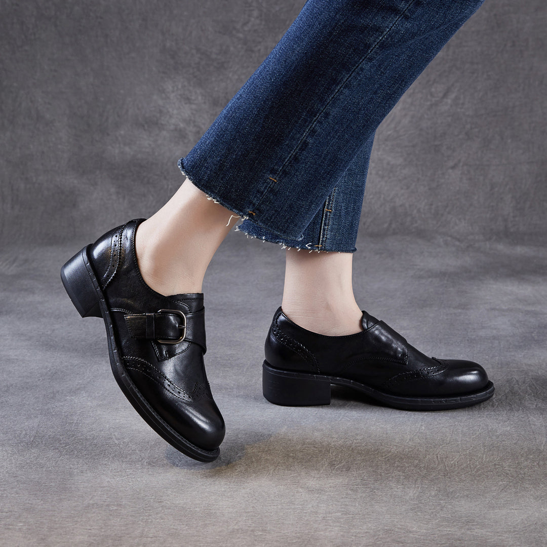 Women's Retro Leather Monk Strap Shoes Vintage Round Toe Brogue Chunky Heels