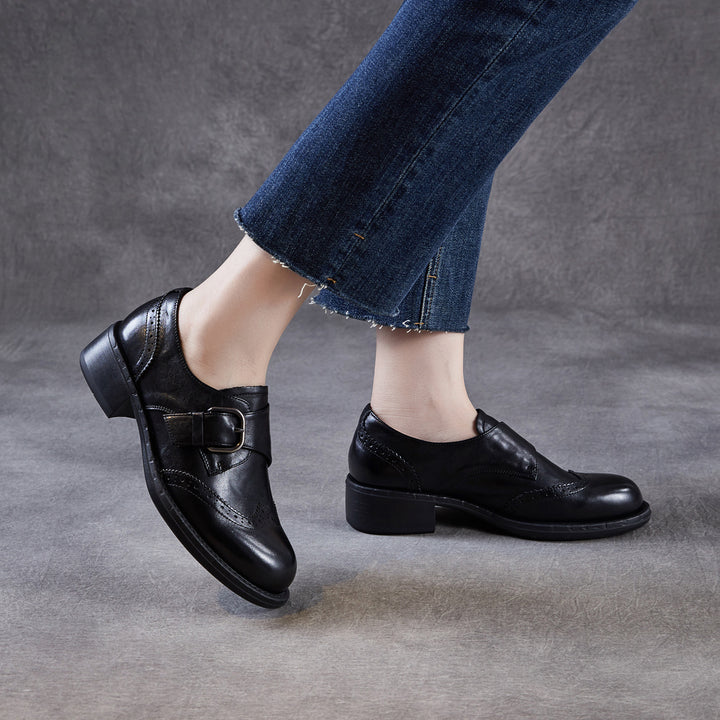 Women's Retro Leather Monk Strap Shoes Vintage Round Toe Brogue Chunky Heels