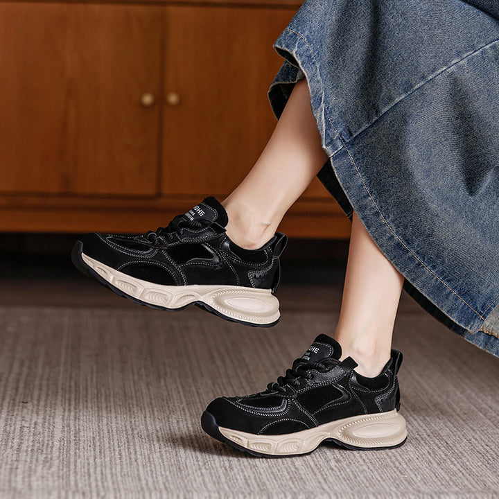 Women's Chunky Leather Sneakers Platform Dad Shoes Retro Lace Up Walking Trainers