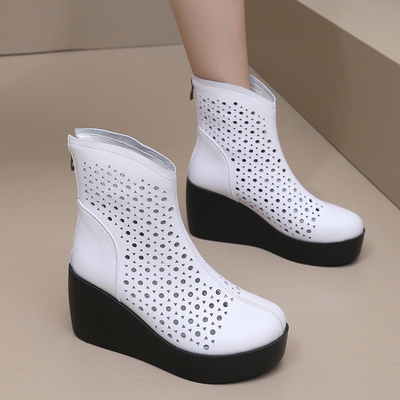 Women‘s Retro Cowhide Ankle Boots Vintage Round Toe Cutout Perforated Wedge Platform High Heels