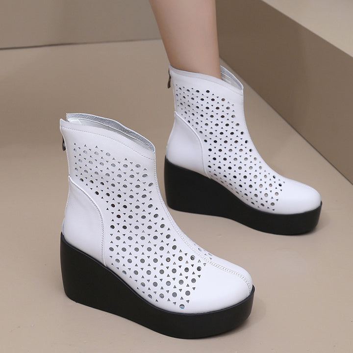 Women‘s Retro Cowhide Ankle Boots Vintage Round Toe Cutout Perforated Wedge Platform High Heels