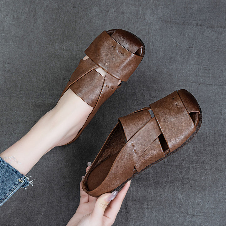 Women's Crisscross Woven Leather Mules Vintage Cutout Platform Slippers Barefoot-Friendly