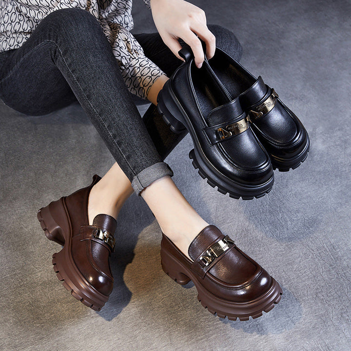 Women's Genuine Leather Platform Loafers - Chunky Heel with Metallic Hardware Details