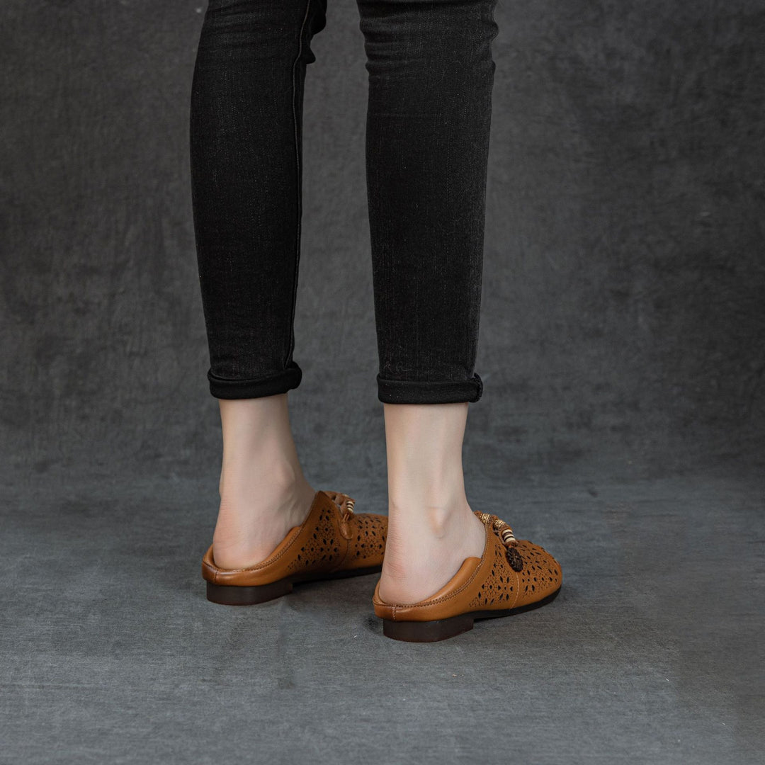 Women's Retro Cutout Leather Loafers Vintage Hollow-out Slip-on Flats