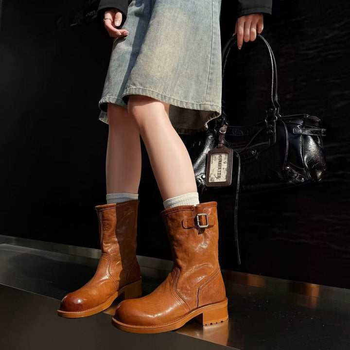 Women's Horsehide Mid Calf Engineer Boots Vintage Buckle Slip On Chunky Heel Booties