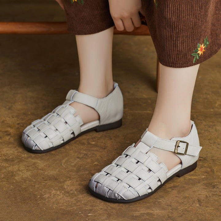 Women's Handmade Leather Woven Casual Closed Toe Buckle Sandals