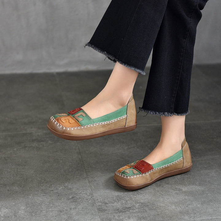 Women’s Retro Handmade Leather Colour-Block Flats – Round Square Toe Soft Sole Shoes