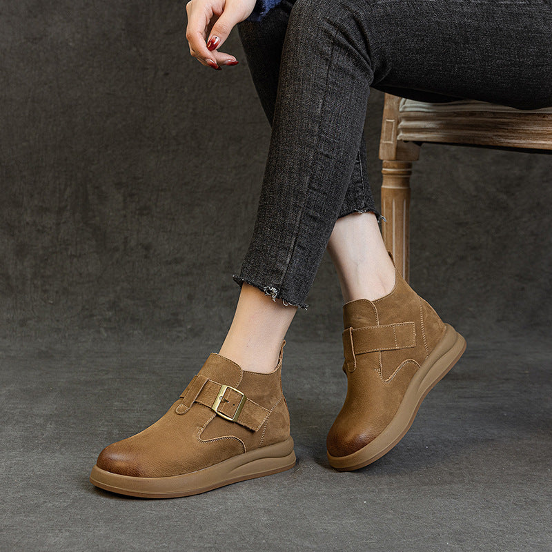 Women's Vintage Leather High-Top Ankle Boots – Buckle Strap Casual Style
