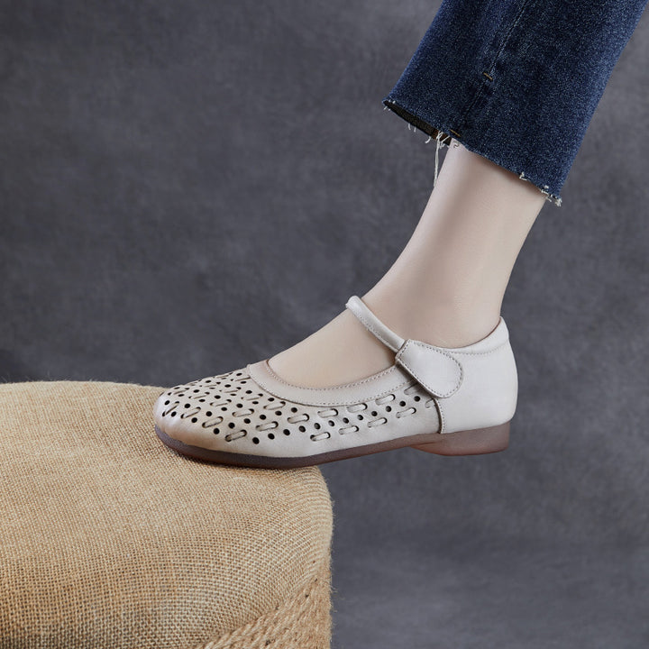 Women's Leather Mary Jane Sandals - Vintage Perforated Cut-Out Closed Round Toe Flat Shoes with Velcro