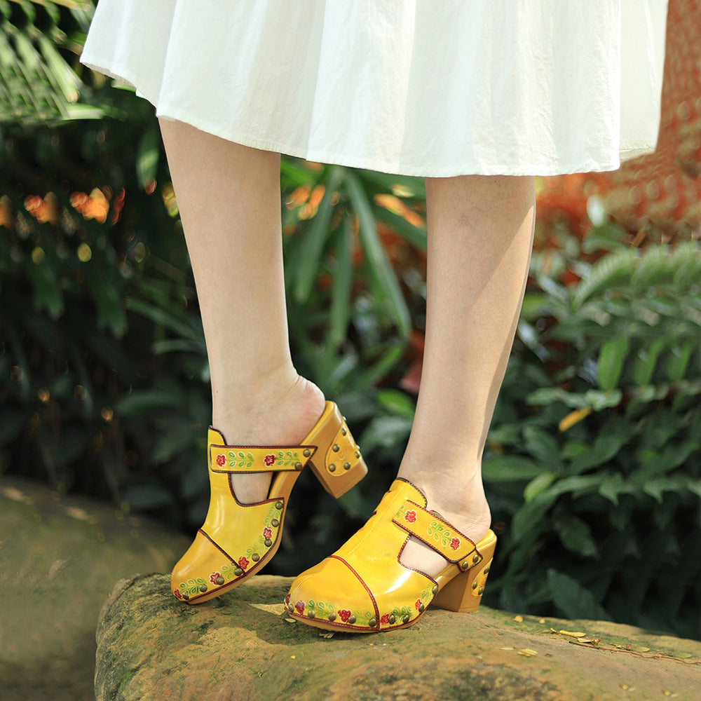 Boho Artisan Leather Mules for Women - Floral Printed Summer Sandals with Unique Studded Heel