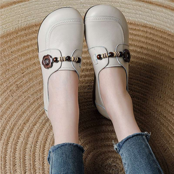 Women's Leather Casual Loafers - Vintage Beaded Flower Slip-On Round Toe Flats Comfort Walking Shoes