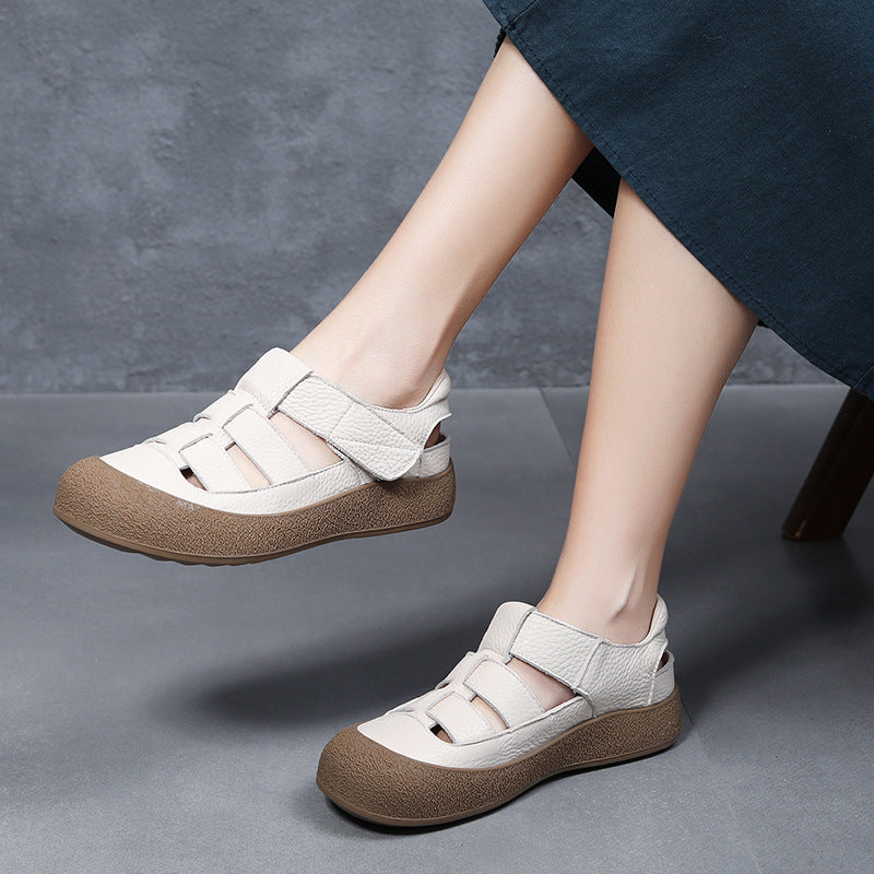 Women's Leather Sporty Fisherman Sandals - Closed Round Toe Casual Summer Walking Shoes with Velcro