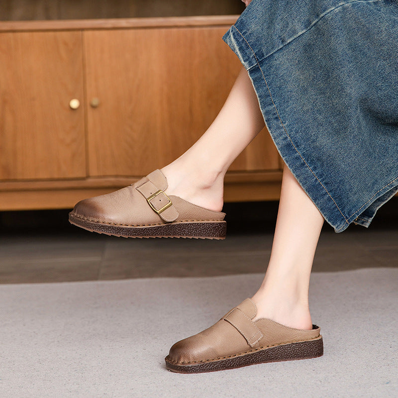 Wide Round Toe Leather Buckle With Decoration Flat Comfort Women's Mule Shoes