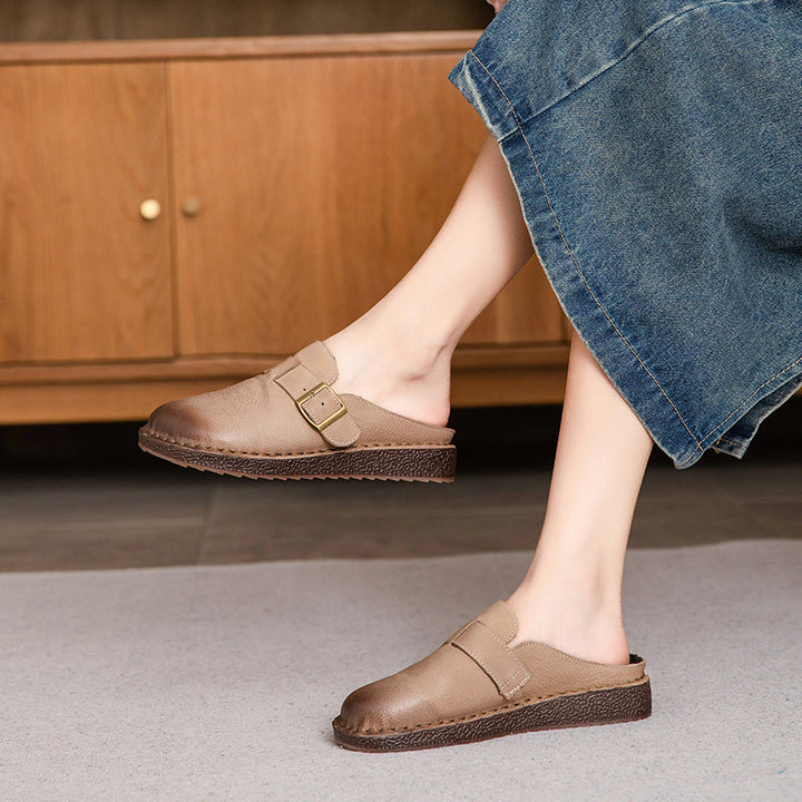 Wide Round Toe Leather Buckle With Decoration Flat Comfort Women's Mule Shoes