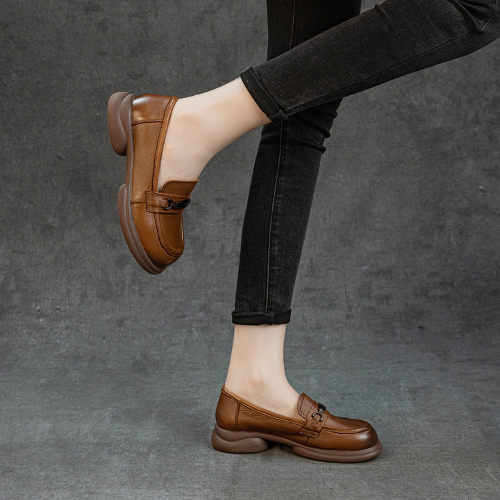Women's Genuine Leather Loafers Round Toe Slip On Chunky Platform Shoes