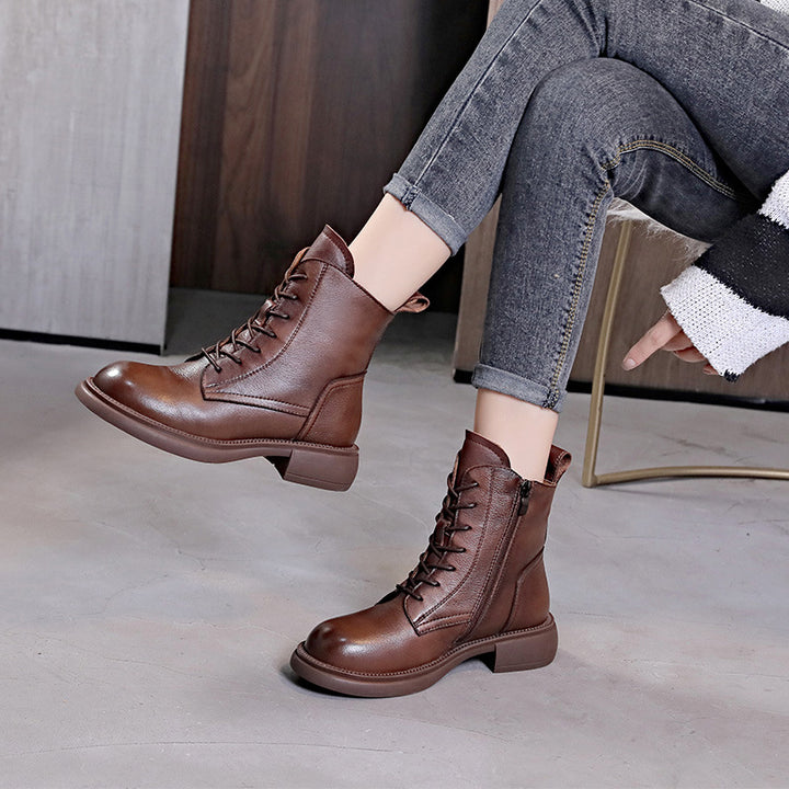 Women's Top-Grain Leather Ankle Boots Lace Up Side Zipper Flat Combat Booties