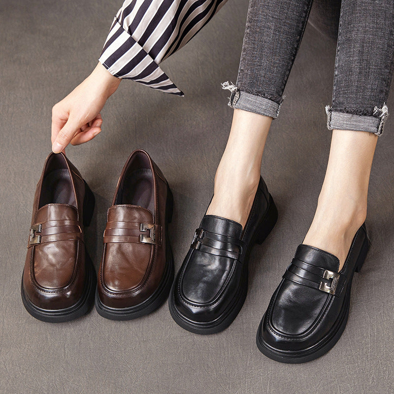 Women's Leather Platform Loafers with Chunky Heels and Metal Buckles — Comfortable