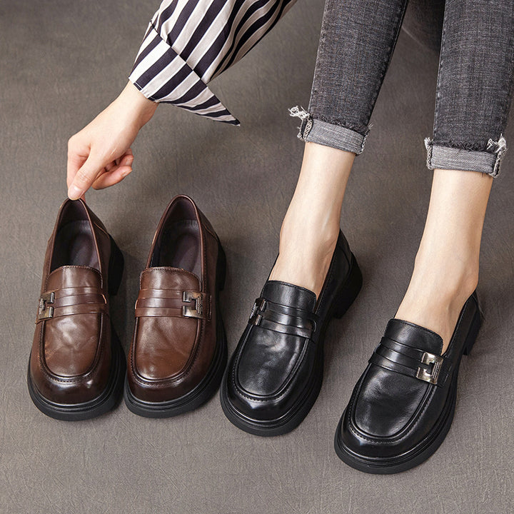 Women's Leather Platform Loafers with Chunky Heels and Metal Buckles — Comfortable