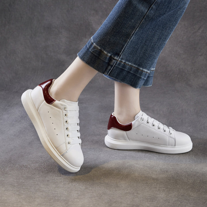 Women's Leather Casual Sneakers Spring Fall Round Toe Lace-up Platform Shoes