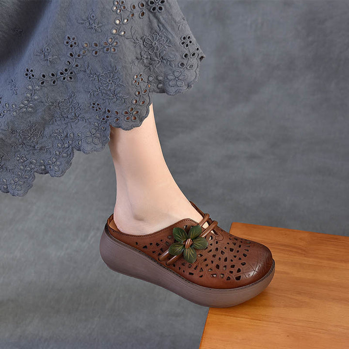 Women's Cowhide Platform Mules - Summer Shoes Breathable Floral Cut-out Sandals