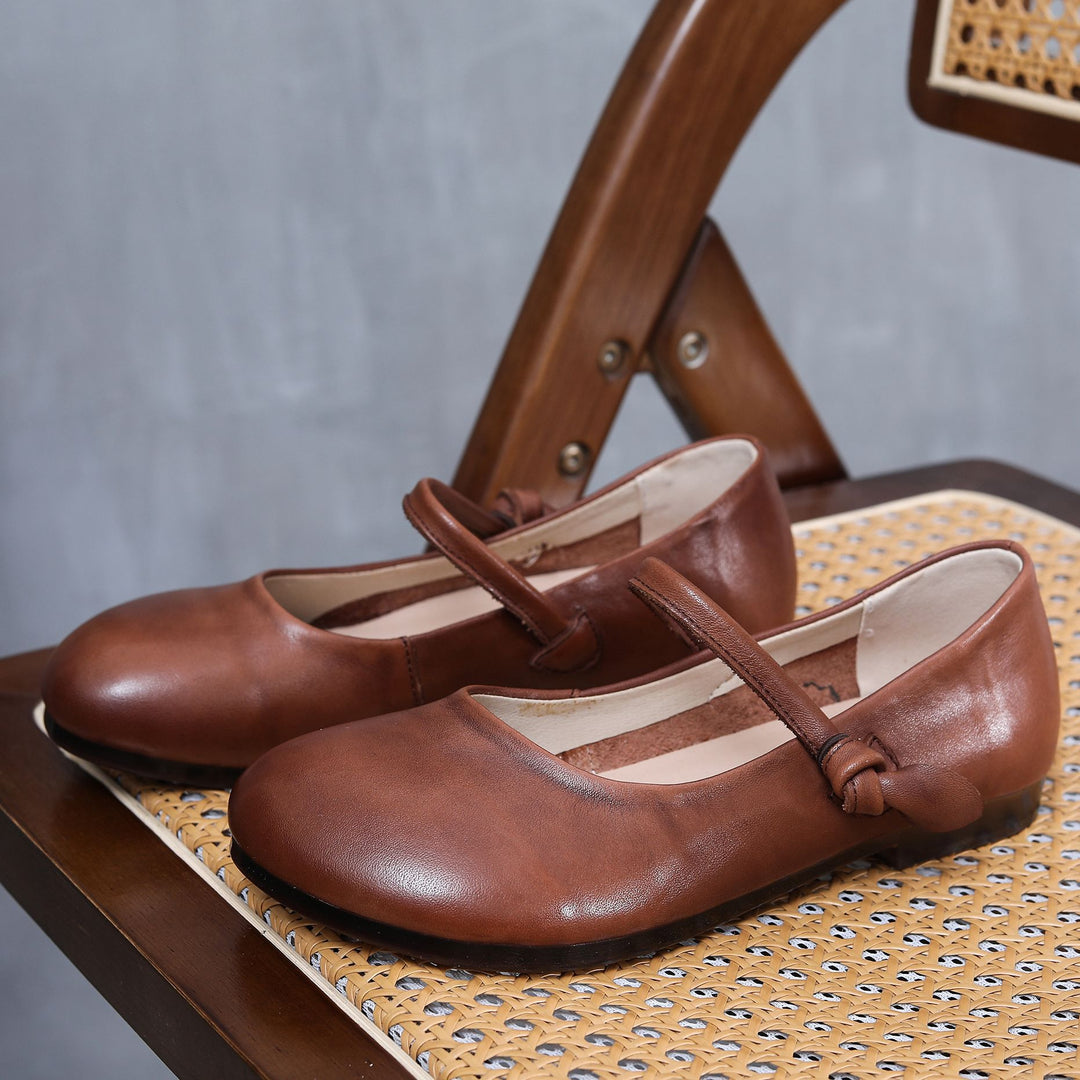 Women's Leather Mary Jane Flats - Vintage Round Toe Slip-On Ballet Flats with Bow Knot Strap Comfort Walking Shoes