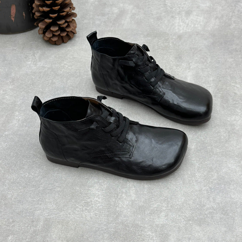 Women's Vintage Lambskin Ankle Booties Soft Sole Square Toe Elastic Slip-On Shoes