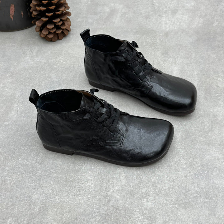 Women's Vintage Lambskin Ankle Booties Soft Sole Square Toe Elastic Slip-On Shoes