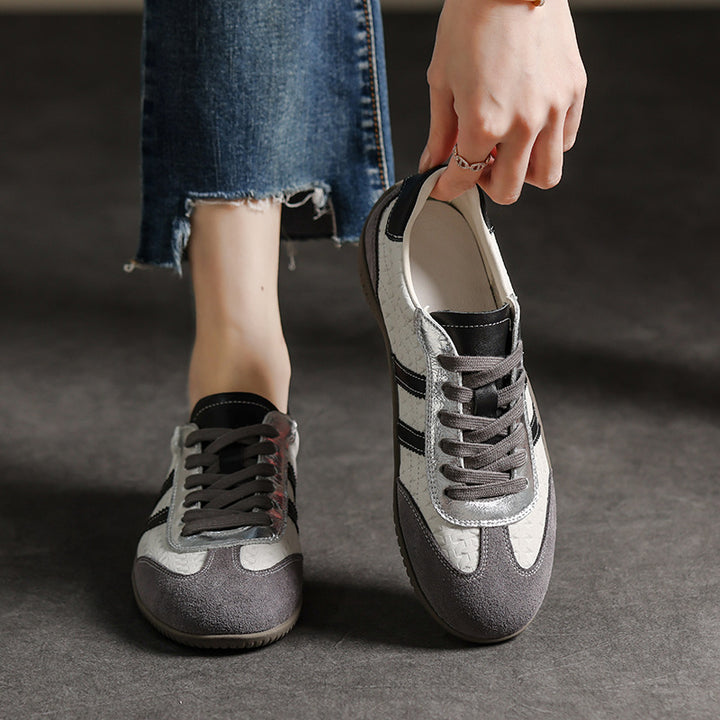 Women's Genuine Leather Retro Sneakers Patchwork Flat Lace Up Casual Walking Shoes