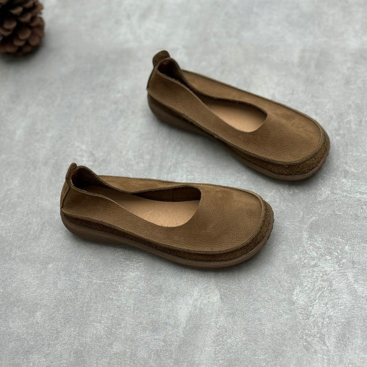 Women’s Minimalist Handmade Leather Slip-On Flats – Round Toe Casual Shoes