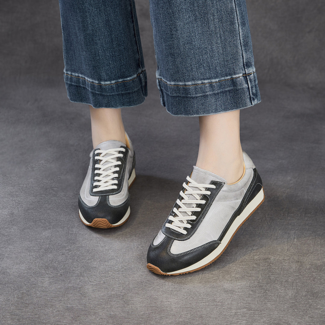 Women's Genuine Leather Hidden Wedge Sneakers Vintage Lace-up Round Toe Casual Shoes