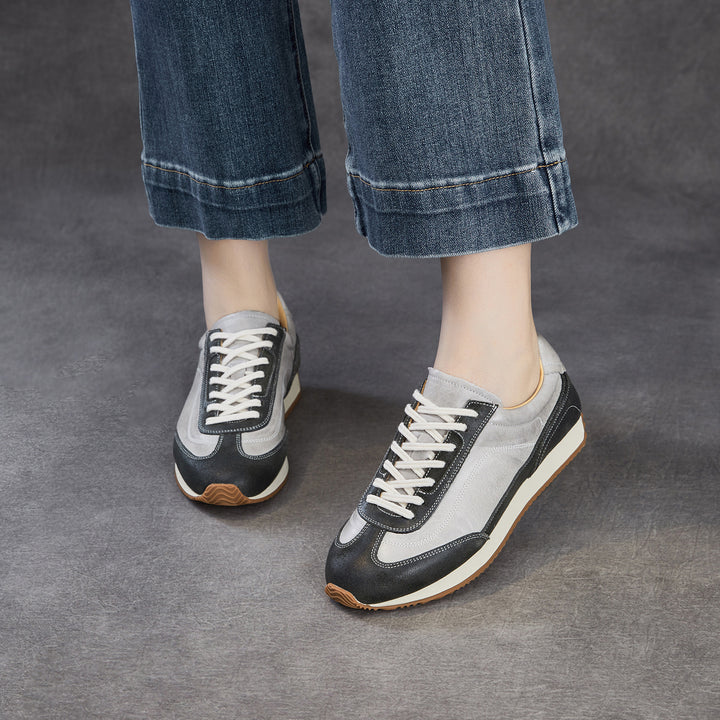 Women's Genuine Leather Hidden Wedge Sneakers Vintage Lace-up Round Toe Casual Shoes