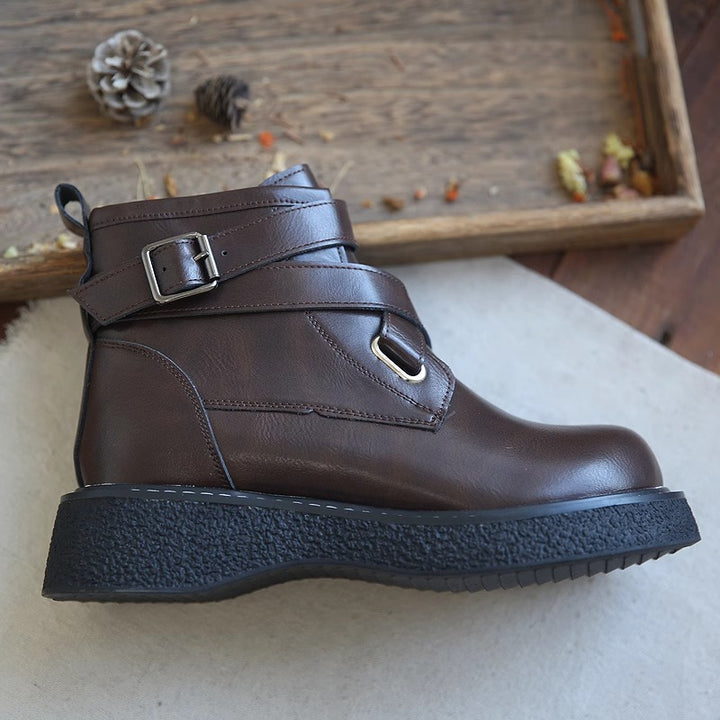 Women's Leather Boots Wide Toe Box Retro Cross-strap Platform Shoes