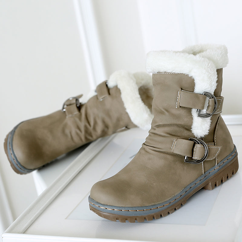 Womens Snow Boots Flats Fur Warm Winter Buckle Slip on Shoes